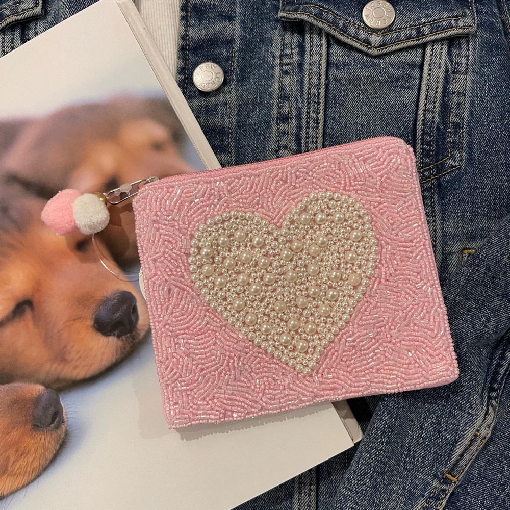 Heart Pink Beaded Heart Coin pouch, card holder, wallet handmade with Pom Pom